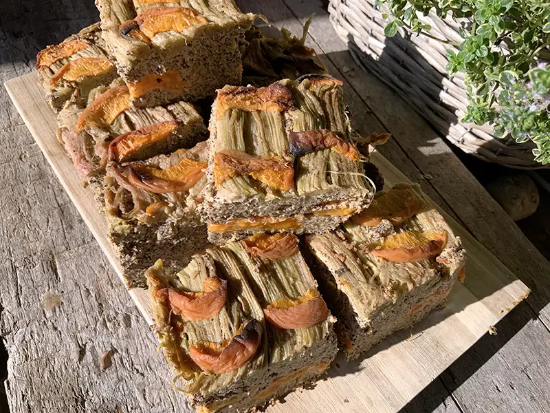 Stücke von einem saftigen Aprikosen-Mohn-Rhabarber-Kuchen auf einem Holzbrett in der Sonne.